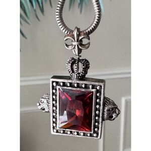 Grosse 1973 Germany 925 Sterling Silver Red Glass Lion Crown Necklace
